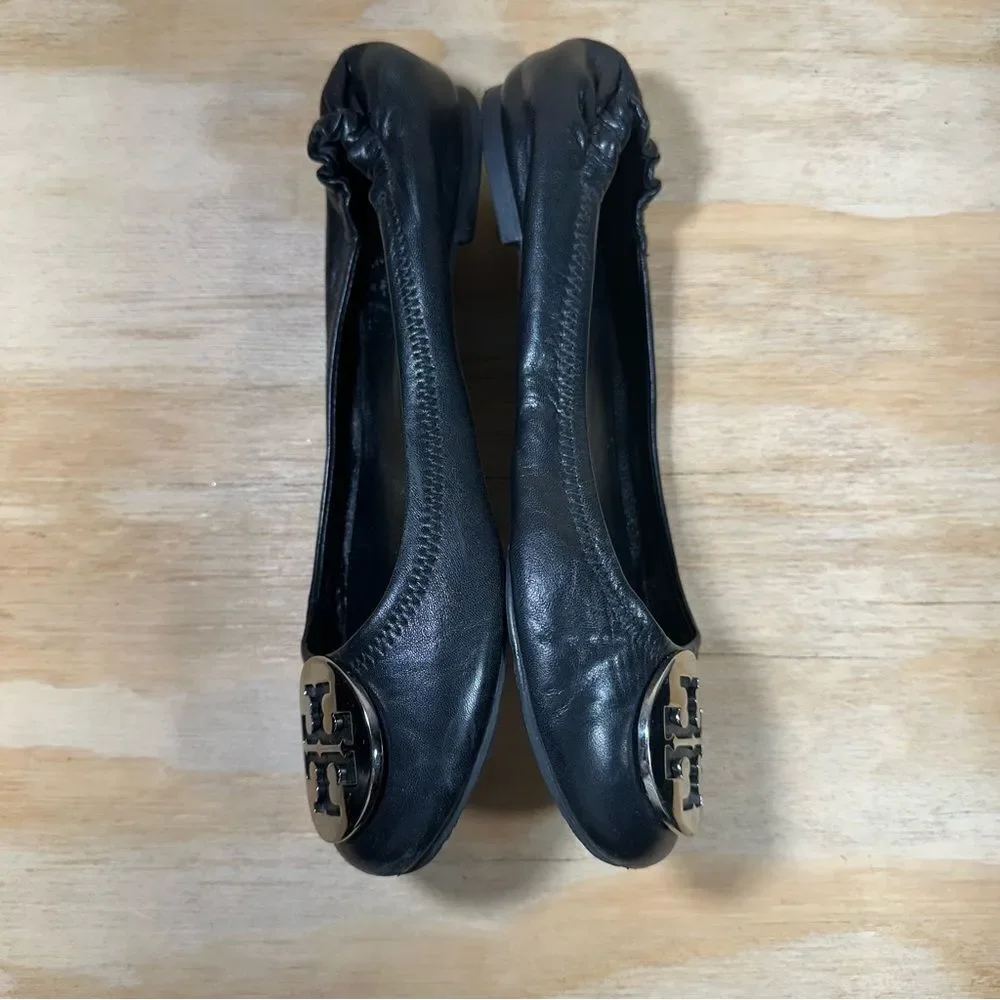 Tory Burch Black Flats with Logo Emblem